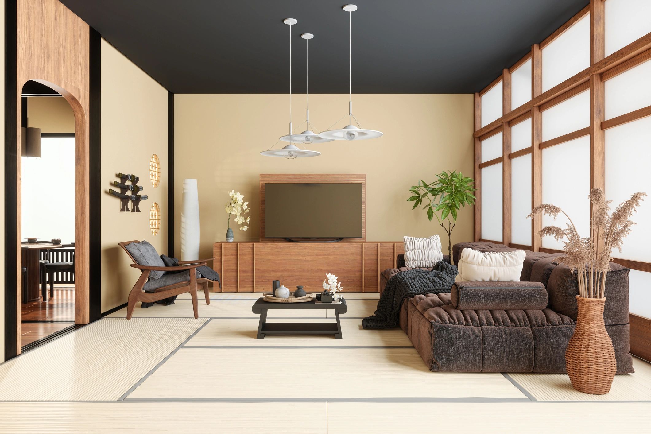 Elegant neutral living room with styled wall decor