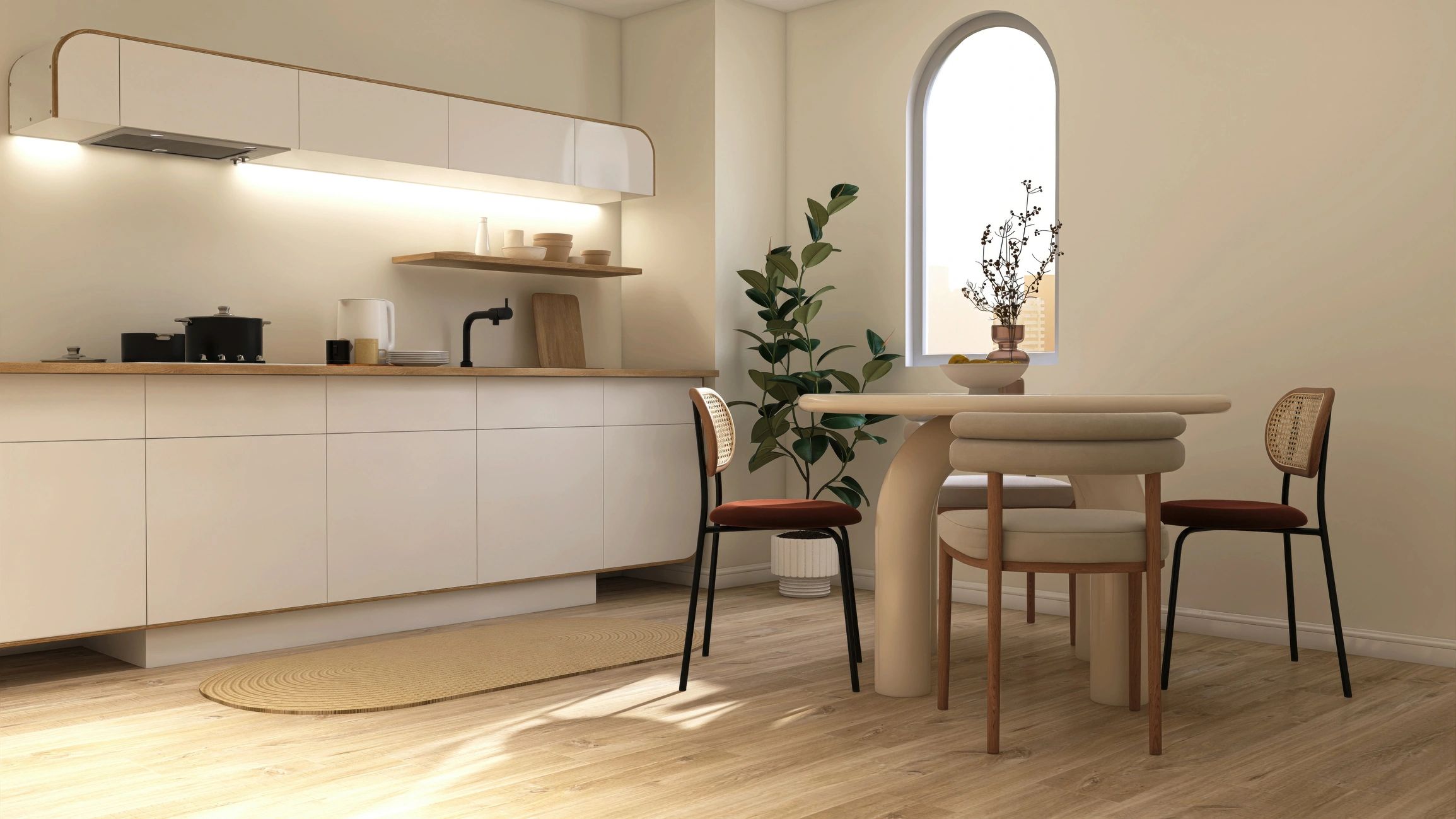 Cream kitchen and dining room with warm minimalist styling