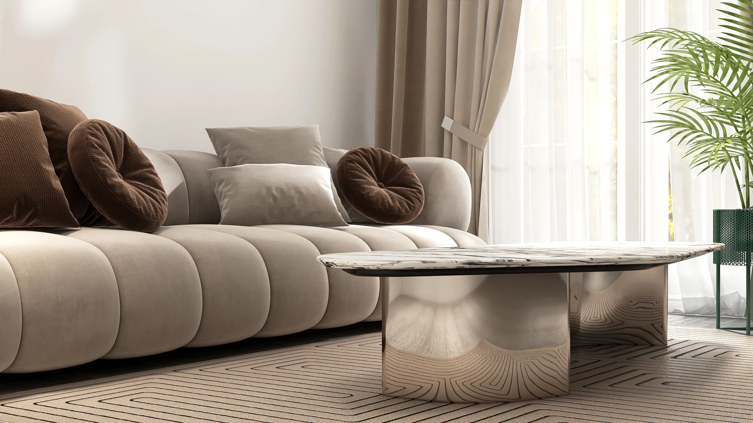 Elegant living room styled with soft neutral textiles and warm décor