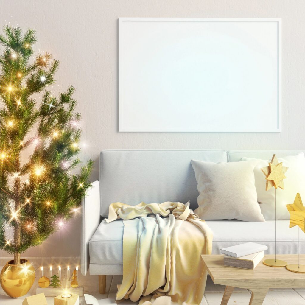 Modern Christmas interior of Scandinavian style with shining lights Christmas tree. 3D illustration. poster mock up